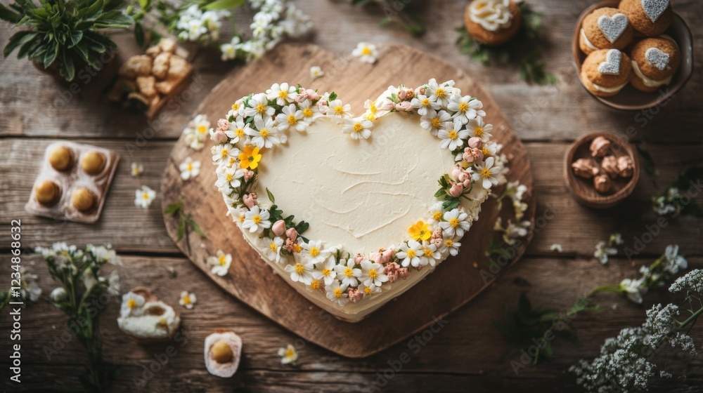Heart Shaped Cake Decorated With Delicate White Flowers Heart Shaped Cake Decorated With Delicate White Flowers