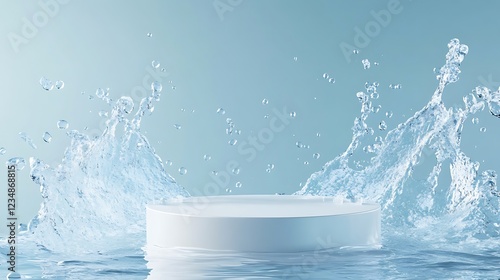White podium with water splash on blue background for product display