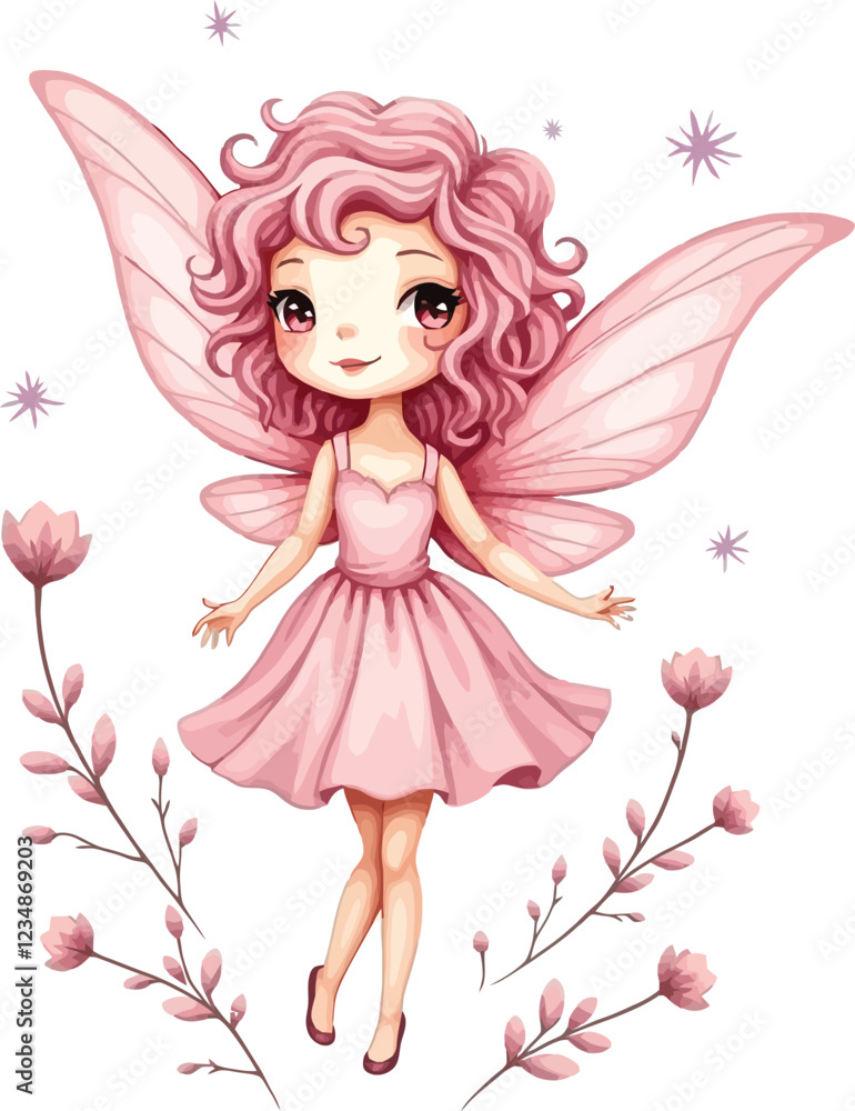 A delightful pink fairy with graceful wings, nestled among colorful flowers A delightful pink fairy with graceful wings, nestled among colorful flowers