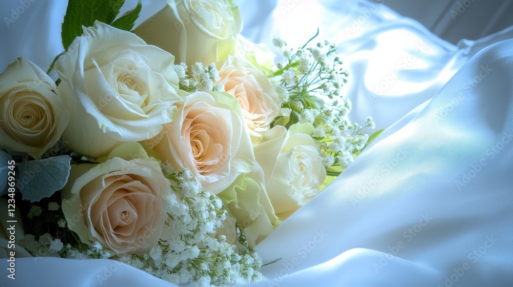 Elegant white rose bouquet wedding ceremony floral arrangement indoor setting close-up view romantic atmosphere Elegant white rose bouquet wedding ceremony floral arrangement indoor setting close-up view romantic atmosphere
