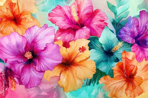 Fototapeta Naklejka Na Ścianę i Meble -  Vibrant watercolor illustration of hibiscus flowers in pink orange and purple tones surrounded by tropical green leaves evoking summer