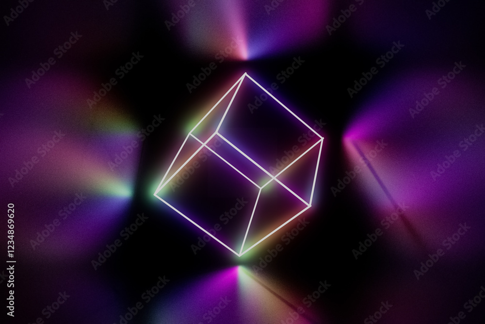 Fototapeta premium A cube with neon lights is lit up in a dark room