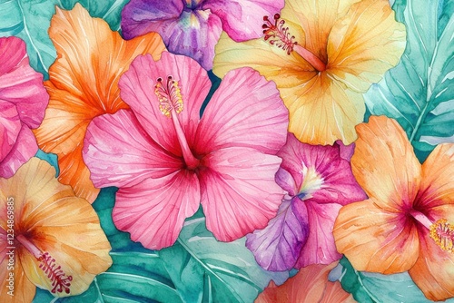 Wallpaper Mural Vibrant watercolor illustration of hibiscus flowers in pink orange and purple tones surrounded by tropical green leaves evoking summer Torontodigital.ca
