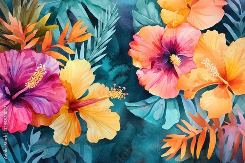 Wallpaper Mural Vibrant watercolor illustration of hibiscus flowers in pink orange and purple tones surrounded by tropical green leaves evoking summer Torontodigital.ca