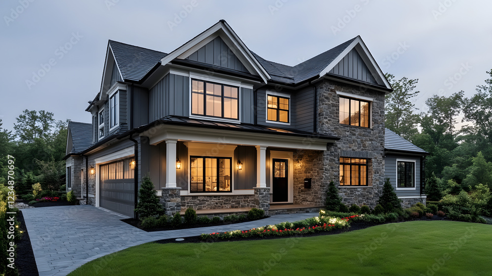 Obraz premium A large blue house with a white trim and a black roof. The house has a large front porch and a driveway. The house is surrounded by a lush green lawn and a garden with flowers