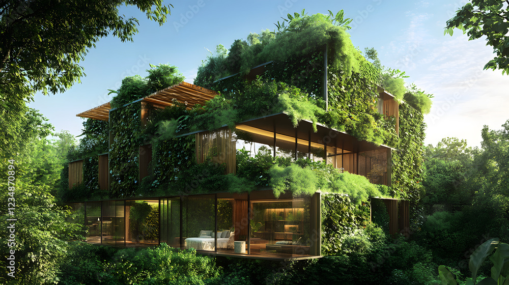 Innovative Eco-Home Design Featuring Vertical Gardens, Renewable Energy Solutions, and Harmonious Natural Environment Integration