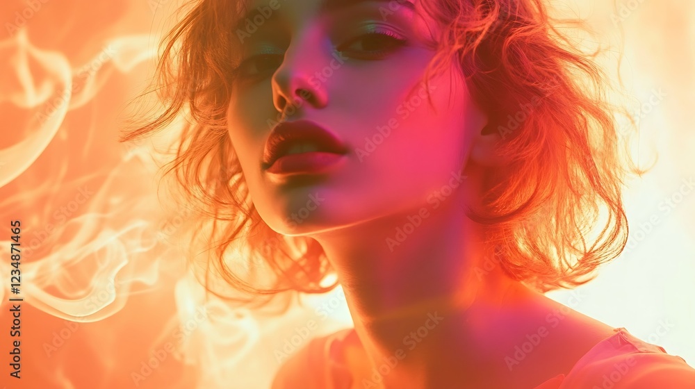 Woman with colorful lights and smoky background Woman with colorful lights and smoky background