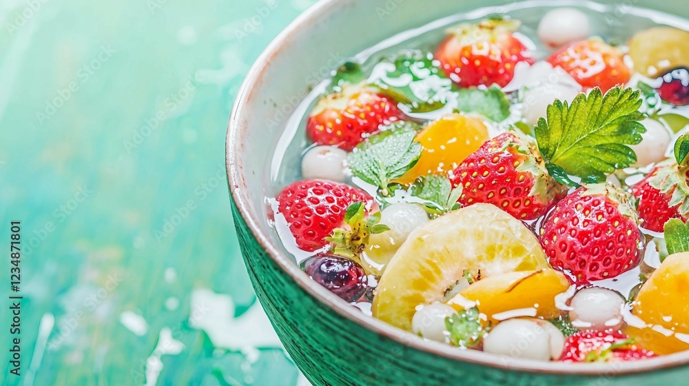 Fresh and Colorful Fruit Salad with Mint and Citrus in Bowl Fresh and Colorful Fruit Salad with Mint and Citrus in Bowl