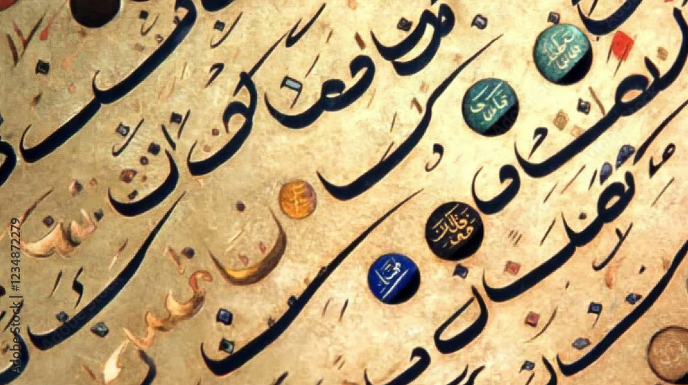 explore the beauty of islamic art through arabic calligraphy featuring thuluth script and ornamental designs in this detailed close-up of vintage handwritten decor