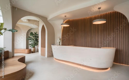 Foto A warm, inviting reception area with curved designs and a large, mosaic-tiled reception desk greets visitors