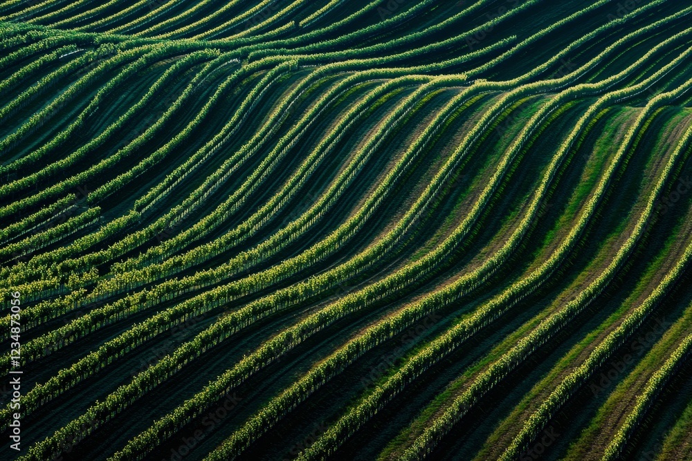 Fototapeta premium Lush Green Vineyards with Curved Rows in Scenic Landscape