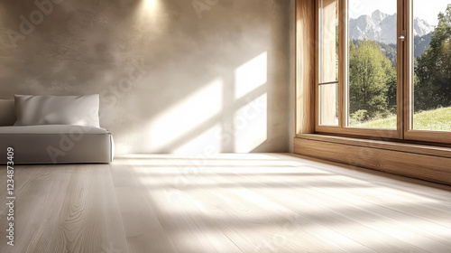Natural light fills a minimalistic room with view of mountains and greenery