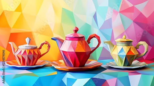 tea party pot mixed art paper craft low poly kids art project on colourful background