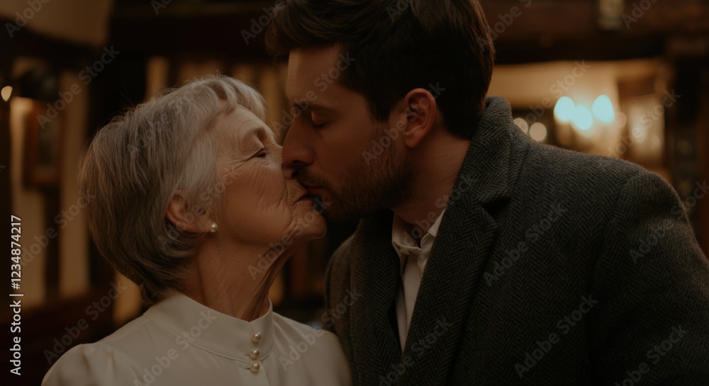 Tender moment between mature caucasian woman and young caucasian man in warmly lit interior setting Tender moment between mature caucasian woman and young caucasian man in warmly lit interior setting