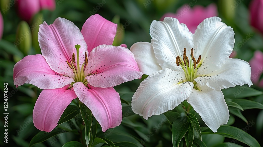 Fototapeta premium Pink and white lilies blooming in a garden with blurred background