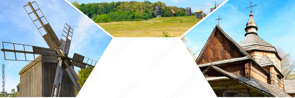 Obraz premium Old wooden windmills and ancient christian church. Pyrohiv (Pirogovo) village near Kiev, Ukraine. Collage.