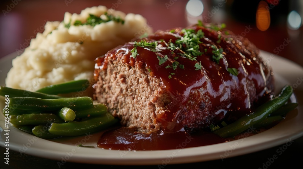 Meatloaf with mashed potatoes and green beans on a white plate Meatloaf with mashed potatoes and green beans on a white plate