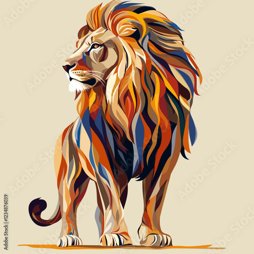  A vibrant, geometric, and stylized illustration of a lion with flowing mane, showcasing a blend of orange, red, blue, and purple colors in an abstract, artistic manner.