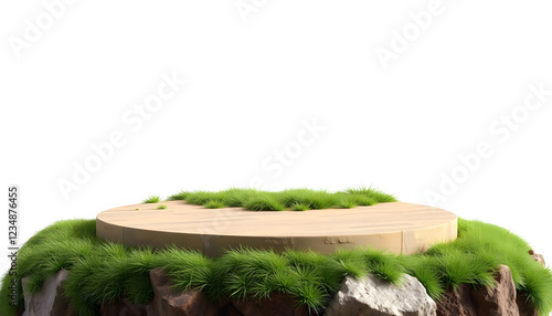 Circular wooden and grass platform isolated on a white background, ideal for displaying products, nature designs, and organic themed presentations