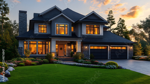 A large blue house with a white trim and a black roof. The house has a large front porch and a driveway. The house is surrounded by a lush green lawn and a garden with flowers
