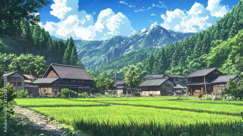 Fototapeta premium Beautiful Rural Village Mountain Nature Anime Background Landscape Illustration