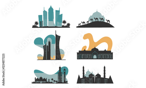 Saudi Arabia-inspired city silhouettes on a white background. The silhouettes include modern skyscrapers, a stylized desert skyline with camels, abstract high-rise buildings,