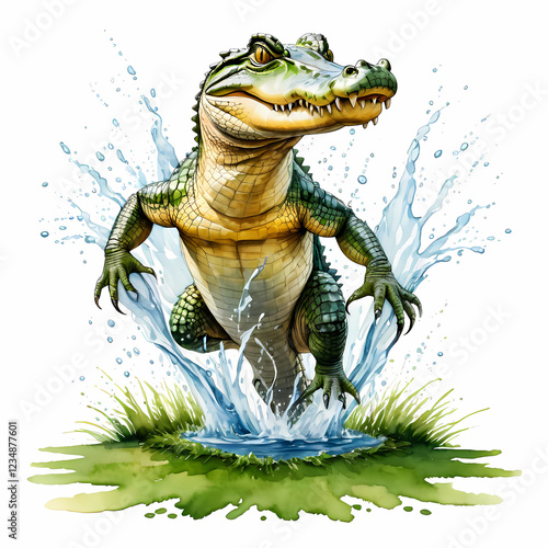 watercolor drawing of a crocodile breaking out of turf water isolated on white or transparent  