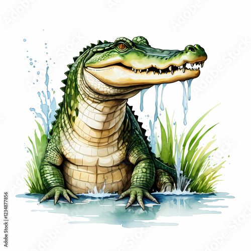 watercolor drawing of a crocodile breaking out of turf water isolated on white or transparent  