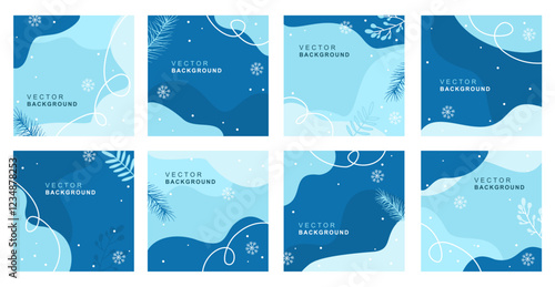 Set of universal art templates. Christmas social media post with christmas tree, snowflakes and winter plants. Vector design of christmas elements for greeting card, cover, social media post.