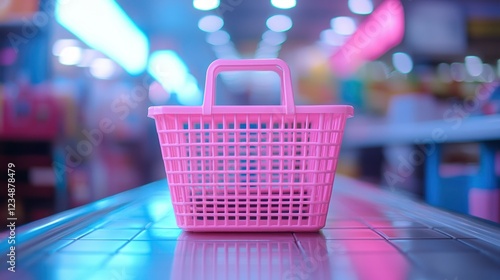 Pink shopping basket on checkout conveyor in neon-lit supermarket photo