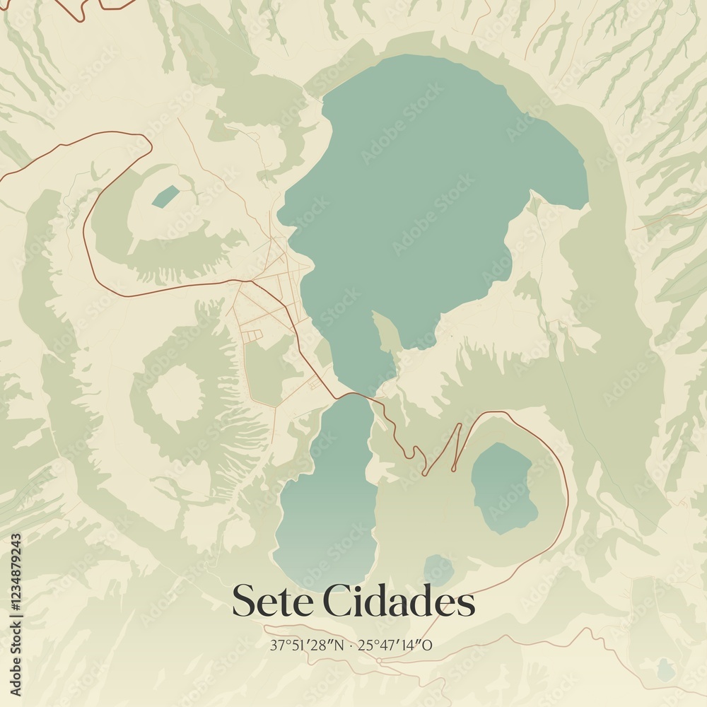 Fototapeta premium Vintage map of Sete Cidades, Portugal. 