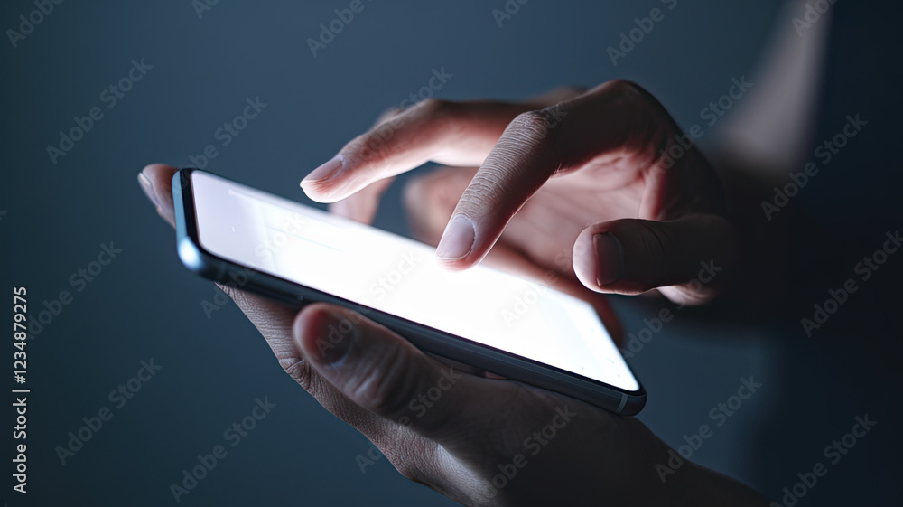 Close-Up of Person's Hands Holding Smartphone with Illuminated Screen, Casting a Soft Glow, Dark Background Creating a Moody and Focused Atmosphere, Emphasizing the Device and Hands Close-Up of Person's Hands Holding Smartphone with Illuminated Screen, Casting a Soft Glow, Dark Background Creating a Moody and Focused Atmosphere, Emphasizing the Device and Hands
