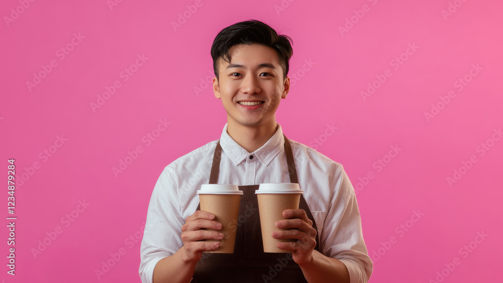 Barista smiling while holding two cups in front of a pink backdrop Barista smiling while holding two cups in front of a pink backdrop