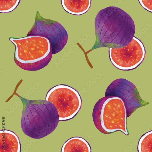 Watercolour, Hand drawn Style Fig Fruit seamless Pattern illustration 