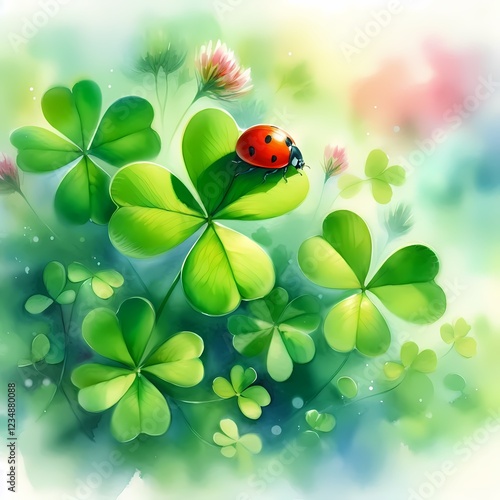watercolor illustration of clover leaves with ladybug