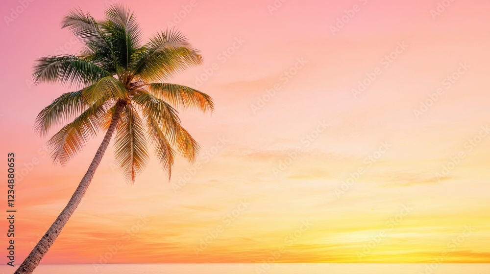 Fototapeta premium Single Palm Tree at Sunset Over a Calm Ocean