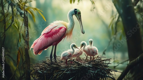 The beautiful roseate spoonbill and their nest with chicks in the natural photo