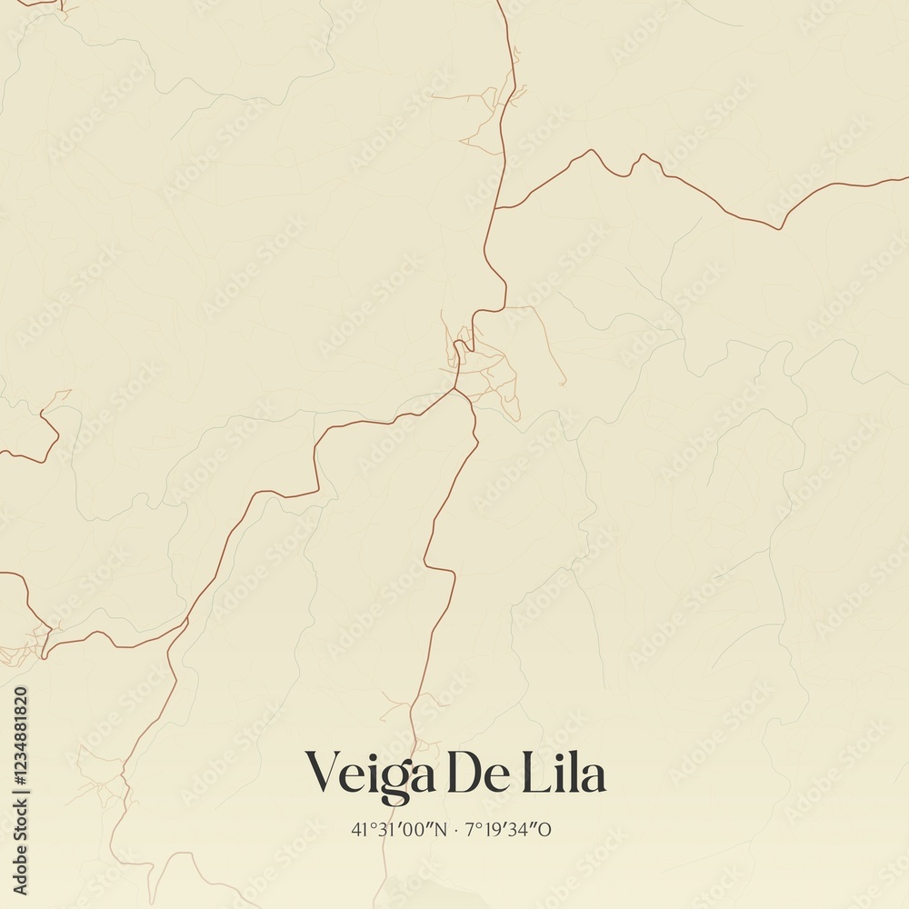 Fototapeta premium Vintage map of Veiga De Lila, Portugal. 
