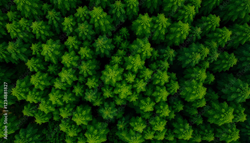 Top-down view of a vast green forest with symmetrical tree patterns, representing nature, forestry, environmental conservation and the beauty of the natural world