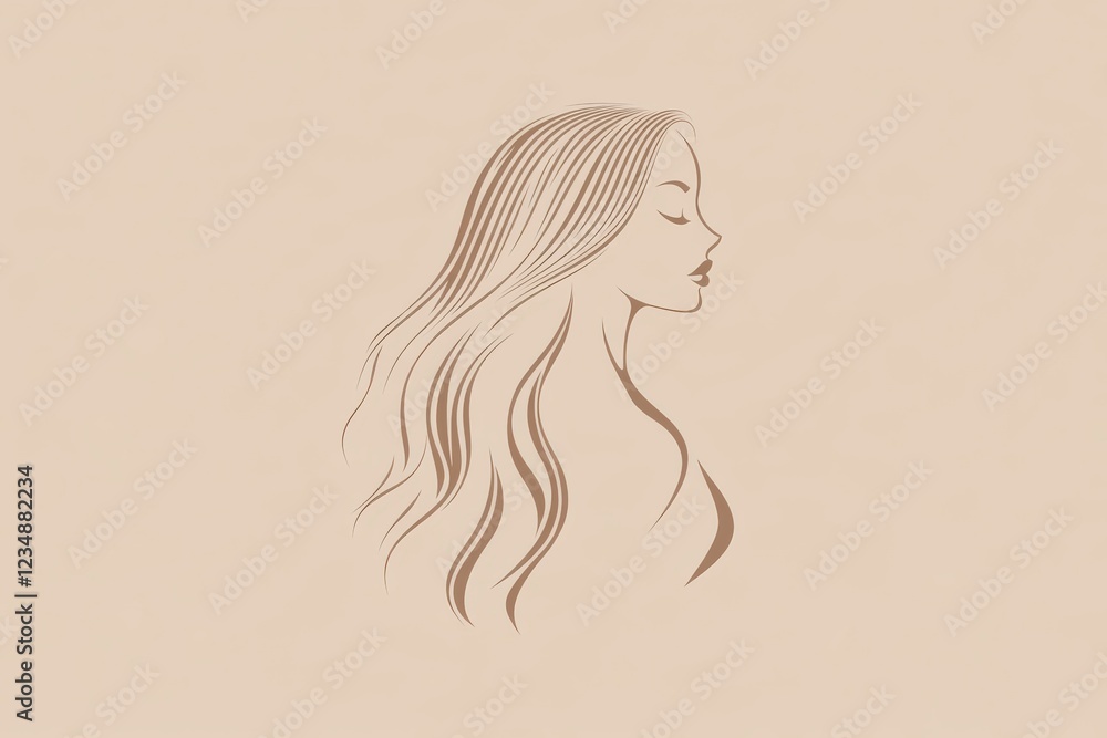 A simple vector logo depicting a woman with long hair, set against a beige background. A simple vector logo depicting a woman with long hair, set against a beige background.
