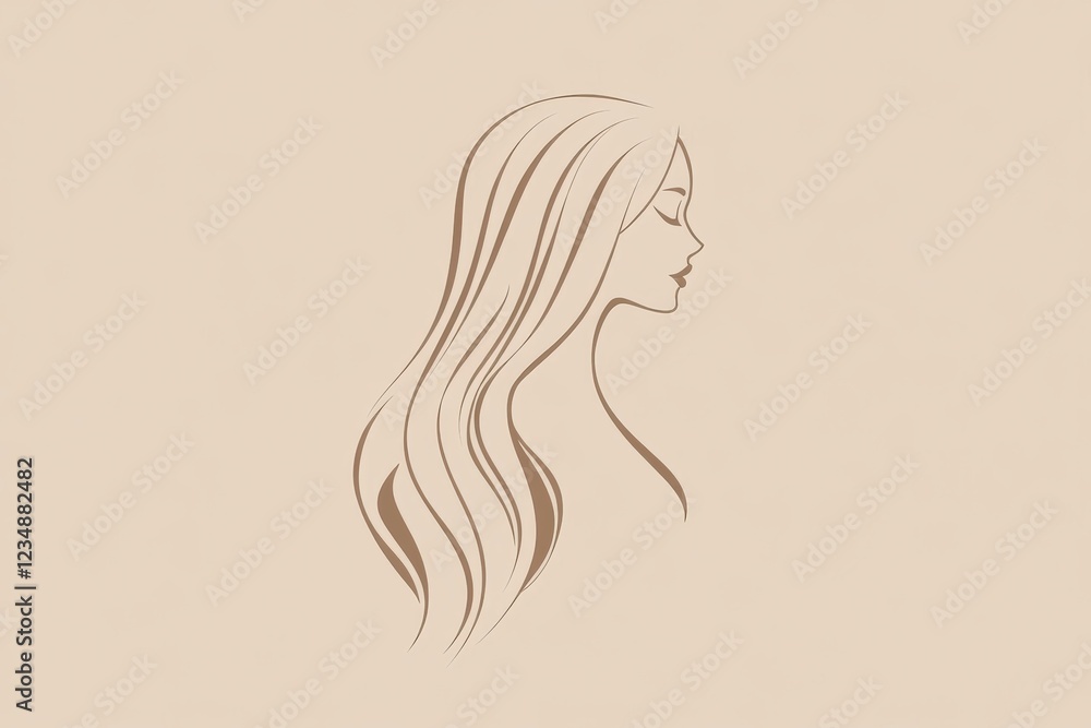 A simple vector logo depicting a woman with long hair, set against a beige background. A simple vector logo depicting a woman with long hair, set against a beige background.