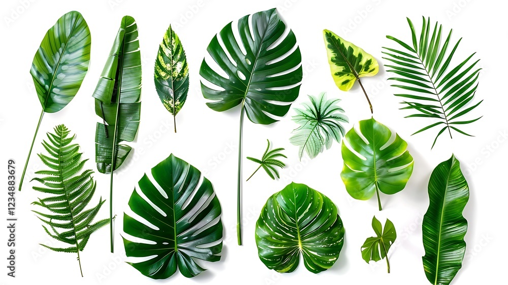 Set of monstera leaves isolated on white background. Flat lay, top view. Set of monstera leaves isolated on white background. Flat lay, top view.
