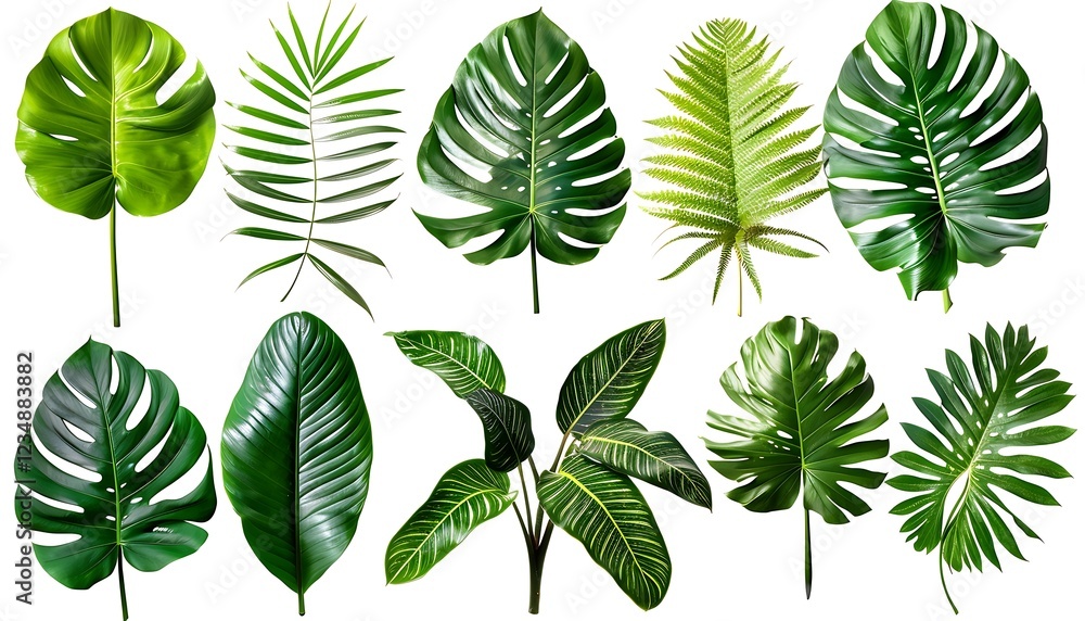 Set of monstera leaves isolated on white background. Flat lay, top view. Set of monstera leaves isolated on white background. Flat lay, top view.
