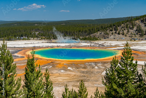 Panoramic view of the Grand Prismatic Spring, the largest hot spring in Yellowstone National Park located in the Midway Geyser Basin photo