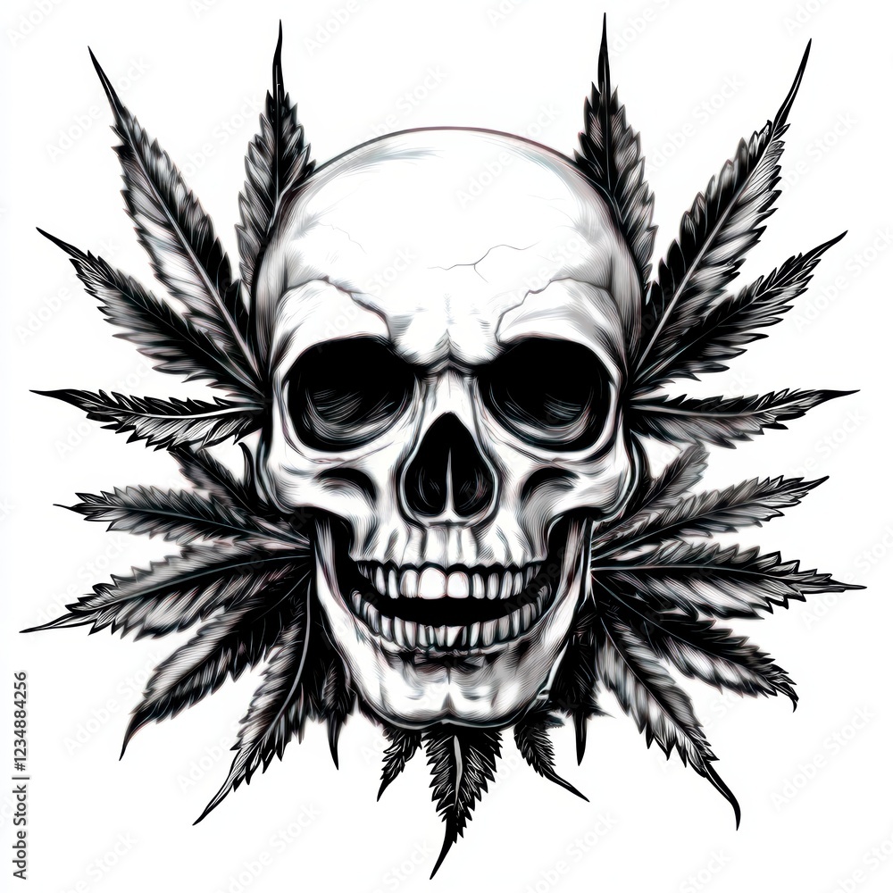 A skull with marijuana leaves, tattoo design on a white background A skull with marijuana leaves, tattoo design on a white background