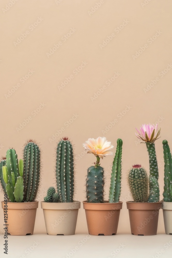 This image presents an elegant lineup of cacti with beautiful blossoms in natural pots, set against a warm backdrop, ideal for lovers of unique plants and floral beauty. This image presents an elegant lineup of cacti with beautiful blossoms in natural pots, set against a warm backdrop, ideal for lovers of unique plants and floral beauty.