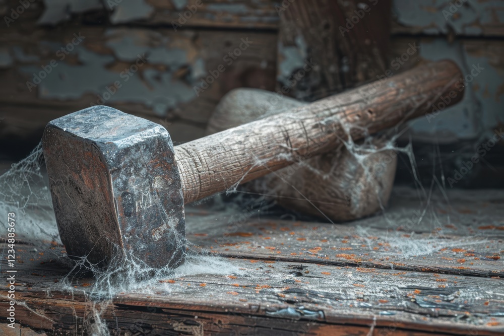 Weathered Hammer on Rustic Wooden Surface with Cobwebs - Vintage DIY Tool Theme Weathered Hammer on Rustic Wooden Surface with Cobwebs - Vintage DIY Tool Theme