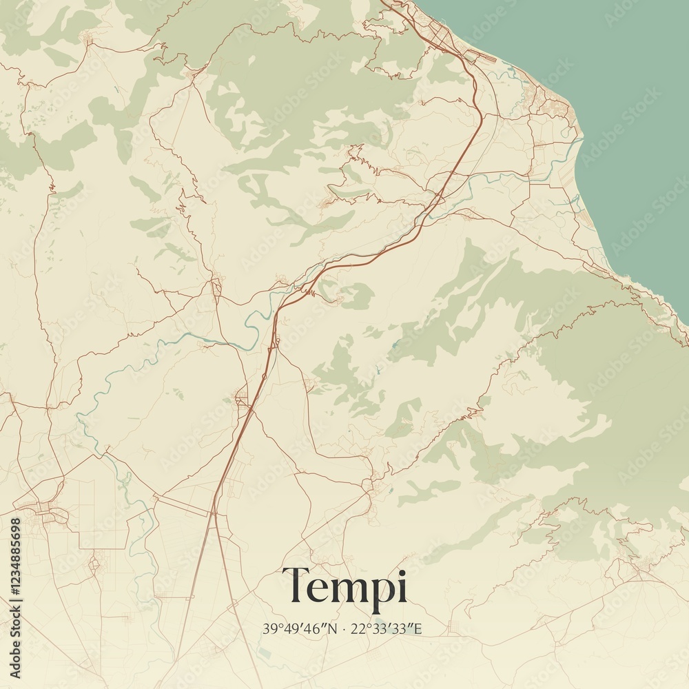 Fototapeta premium Vintage map of Tempi, Greece.