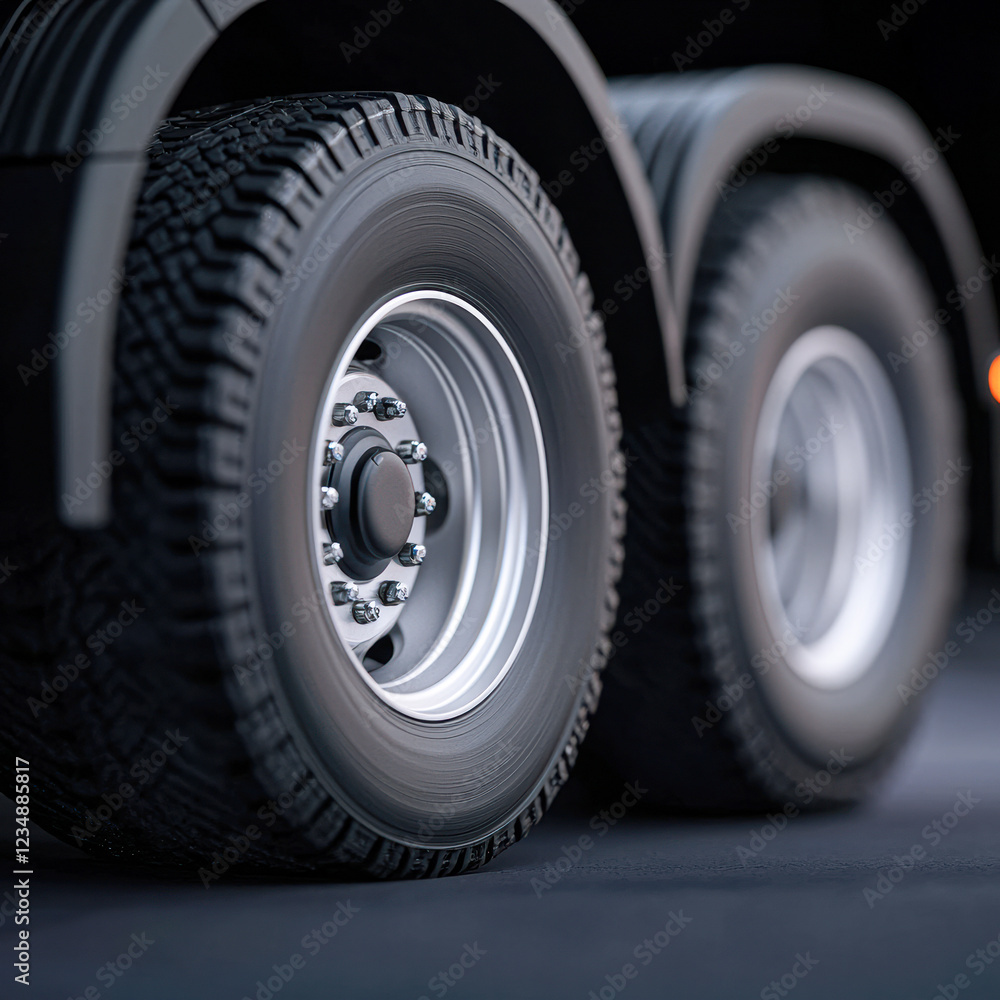 Truck tyres close-up industrial setting urban environment low angle