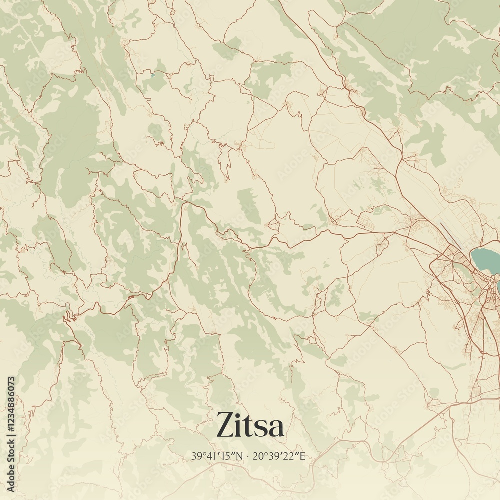 Fototapeta premium Vintage map of Zitsa, Greece.